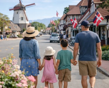 Family walking down Solvang main street in spring with no faces and Danish architecture in the background