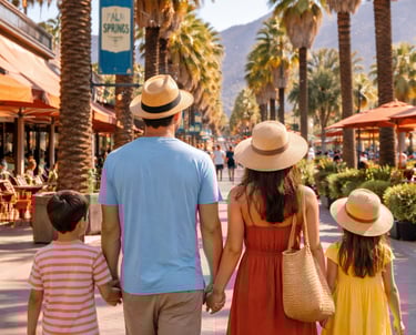 Family walking along Palm Canyon Drive in downtown Palm Springs with palm trees and mountain views