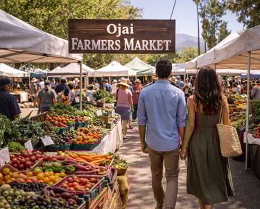 Couple walking through the Ojai Farmers Market browsing fresh produce and local goods