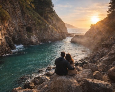 Couple watching sunset at Partington Cove in Big Sur, California with rugged cliffs and turquoise water