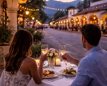 Couple enjoying a romantic outdoor dinner in downtown Ojai, California at sunset with string lights