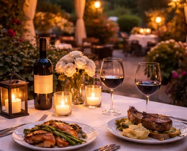 Romantic outdoor dinner in Ojai, California with wine, candlelight, and garden string lights at sunset