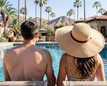 Couple relaxing poolside at a Palm Springs resort with palm trees and mountain views