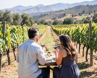 Couple enjoying wine tasting at a vineyard in Ojai, California with mountain views