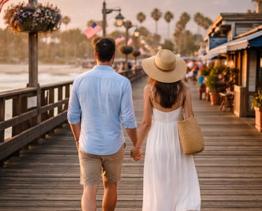Couple walking on Sterns Wharf on a Santa Barbara romantic getaway