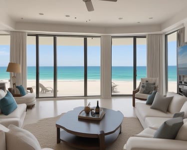A luxurious beachfront property with a large, elegant building set behind a pristine sandy beach. Palm trees and small thatched structures provide shade along the shoreline. The sea in the foreground is calm and blue, contrasting with the light-colored architecture of the estate.