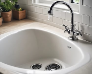 A plumber fixing a clogged sink with tools and water flowing.