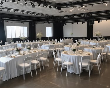 A team setting up tables and chairs for an event in a spacious hall.