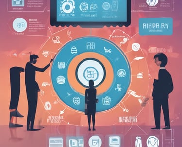 Team of professionals collaborating around a digital workspace with laptops and tablets.