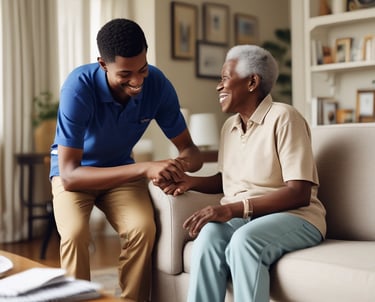 A warm, inviting living room with a black caregiver assisting an black elderly person.