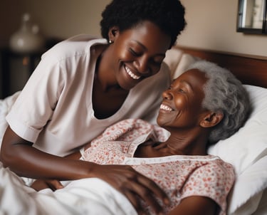 A warm and inviting living room with a caregiver assisting an elderly person.