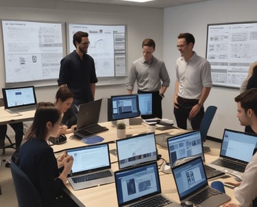 a group of people standing around a table with laptops and some screens with dashboards and promts