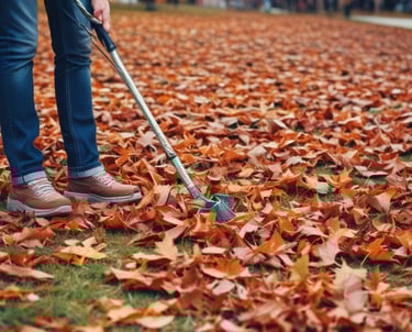 A group of students using leaf blowers in a yard.