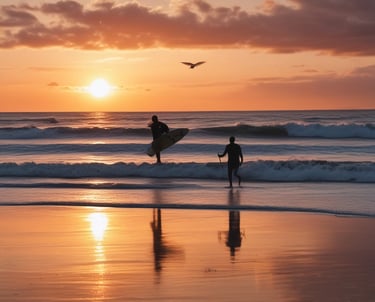 a sunset with a surfer and a bird in the foreground