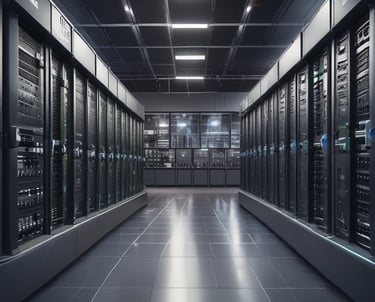 A digital illustration of a network diagram featuring interconnected servers, laptops, and nodes. The nodes are organized in a grid form and connected by glowing lines, centered around a power symbol. Various symbols are present on the servers.