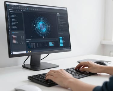 The image depicts an interior of a photo processing or printing shop. Prominent signs and advertisements adorn the counter, including a large 'NEW OFFERS' poster and branding for Kodak Express. Various smaller items and details surround the counter area, including business cards, product brochures, and sample photos. The setting has a warm, sunlight filter casting shadows across the space, highlighting the text and images.