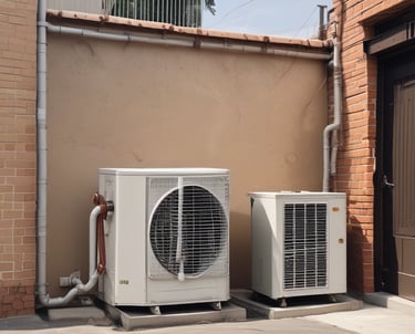 A white outdoor air conditioning unit mounted on a wall with a large fan and electrical connections. The unit has a red label and is surrounded by a light grey and white color scheme on the building's wall.