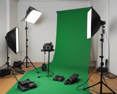 A podcast setup with a large microphone on a stand positioned on a table. Nearby are a pair of black headphones and a laptop. Two people are in the background, one typing on the laptop and the other holding headphones. The setting appears to be a studio with soundproofing elements.
