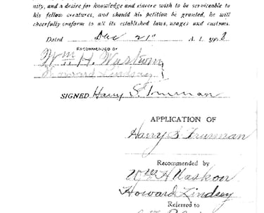 Harry S. Truman's original Lodge application