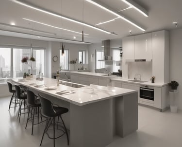 una cocina con una gran isla