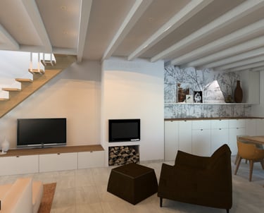 rangement sur mesure, cheminée et poutres