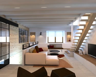 salon avec escalier sur mesure et banquette
