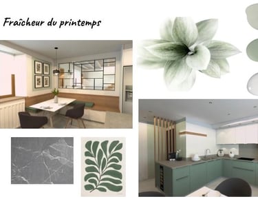 planche d'ambiance pour une cuisine sur mesure avec des matériaux naturels