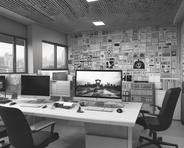 A black and white image showing a laptop with 'HERO GRAPHX' sticker in a modern office setting. The focus is on the laptop, while the background is softly blurred, including a table, chairs, and patterned wall.