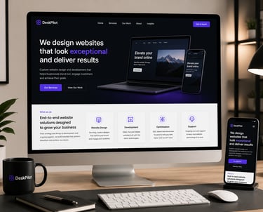 Desktop and mobile views of a professional web design agency homepage featuring custom website development services.
