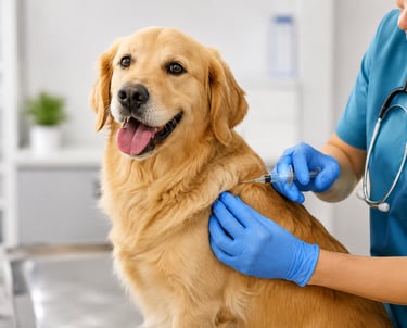 Um Labrador feliz recebendo vacina de um veterinario na dr. Pet