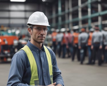 A man in a factory wearing a hard hat
