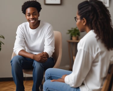 A serene therapy room with comfortable seating and warm lighting.