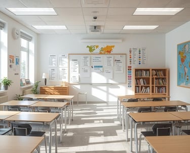 Leslokaal voor Spaanse lessen in Apeldoorn, met bureaus en stoelen