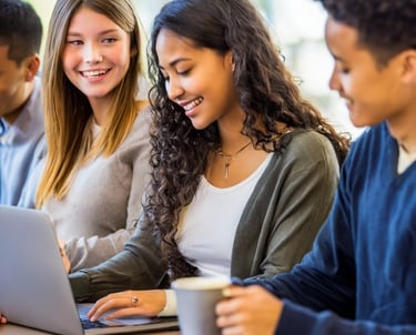 a group of students sitting at a table with laptops