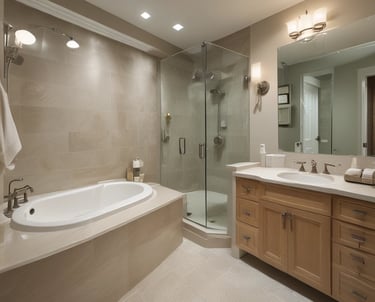 A beautifully renovated bathroom showcasing plumbing work.