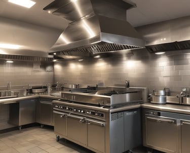 A clean and modern restaurant kitchen with professional cleaning equipment and staff at work.