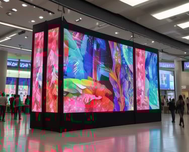 A monitor displaying a digital interface with technical data and graphics, mounted on a piece of equipment. The screen shows various colors and lines, indicating some form of technical or industrial application.