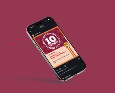 iPhone showing Royal Jester Games 10 year social post