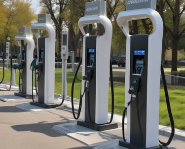 A row of Tesla electric car charging stations stands in a parking lot with clear skies in the background. Each station is white with red accents and the Tesla logo prominently displayed. The landscape around includes green grass and trees, with a building visible in the distance.
