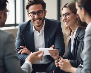 Two individuals are seated at a wooden table in a classroom or office setting. One person, wearing a gray t-shirt, is writing in a notebook, while the other, dressed in a suit, observes and offers guidance. The room appears to have minimal lighting, with a soft natural light coming through the windows.