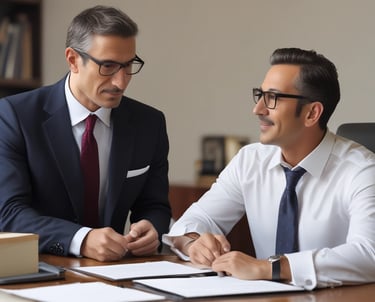 Four men in business attire are engaged in a discussion around a table. One man appears to be explaining something while pointing at some documents in front of them. The others are listening attentively, and one holds a pen and a mobile device. The setting is a plain office environment.
