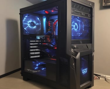 A computer desk setup is illuminated in red light. Two monitors display an electronic circuitry pattern. The desk holds a keyboard, mouse, and a game controller stand. An adjustable desk lamp is positioned to the side, and a gaming PC with visible internal lighting sits to the right.