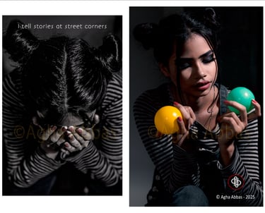 Diptych of a girl with balloons while the other half had head down, holding her face in sorrow.