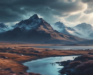 A solitary house with a green roof is positioned in a vast grassy landscape. A flagpole stands prominently, flying the national flag of Iceland. Snow patches cover parts of the surrounding dark rocky hills under a cloudy sky.