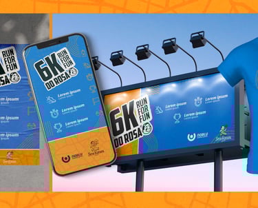 Materiais visuais do evento 6K Run For Fun com aplicação em camiseta, outdoor e celular