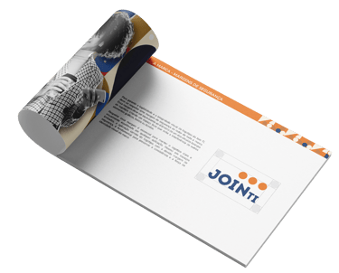 Manual de identidade visual da Join TI aberto na página de margens de segurança do logotipo