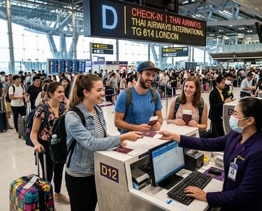 Smiling travelers at a Thai Airways check-in counter at Suvarnabhumi Airport for a flight to London.