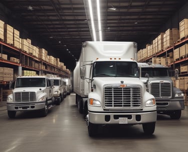Several large trucks are parked in an industrial area next to a building with brick walls and blue doors. The trucks are mainly white with some having colorful liveries. There are signs for 'Truck Wash' and 'Exit' visible. The area is well-organized with containers and other storage facilities nearby, and a few people are present.