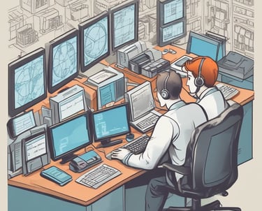 A moving truck with company branding is parked next to an open shipping container on a trailer. Two people are handling items near the container, while a car is parked in the background. The sky is overcast, and the ground appears to be asphalt.