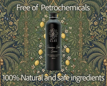 Matte black bottle of petrochemical-free From the Clee premium wood cream on a vintage floral background.